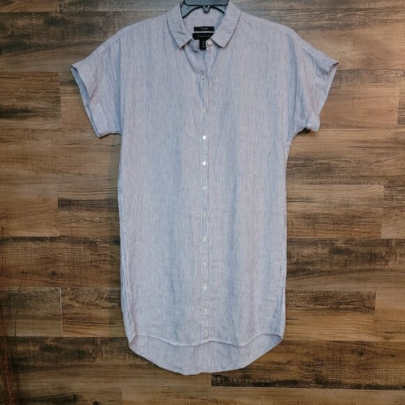 Tahari Linen Shirt Dress Womens S Blue White Stripe Button Front Minimalist